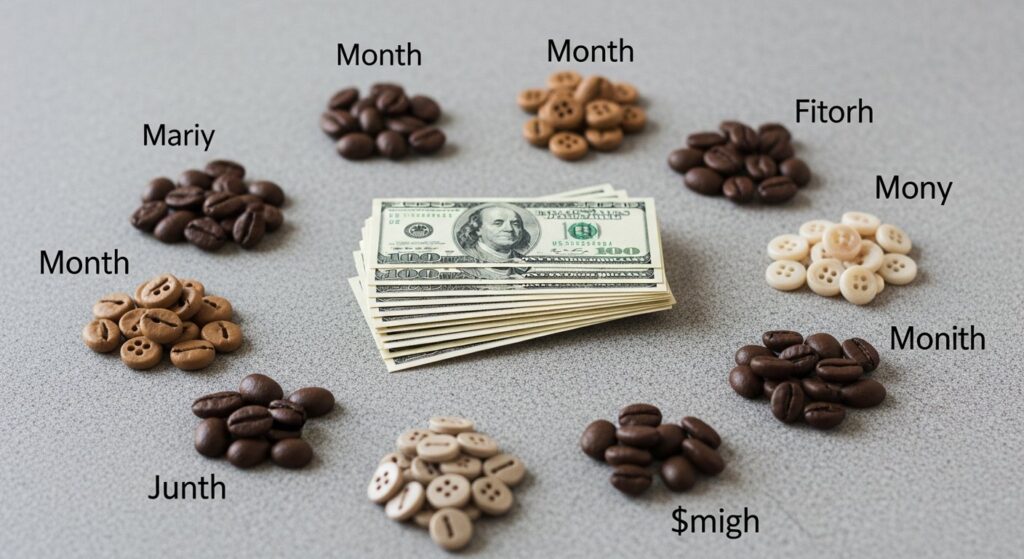 Illustration of dollar-cost averaging investment strategy: coins, stock chart, and calendar