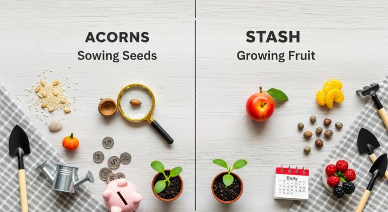 Illustration comparing Acorns vs Stash investment apps for personal finance and entrepreneurship