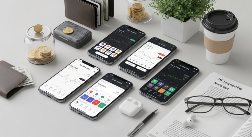 Illustration of mobile micro-investing apps for personal finance and entrepreneurship, 2026
