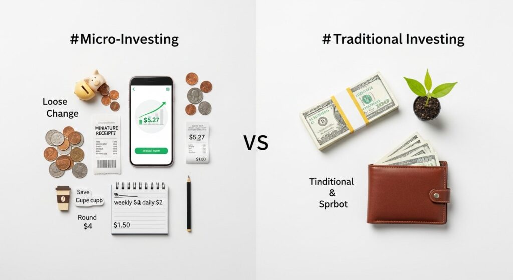 Illustration comparing micro-investing and traditional investing for personal finance and business entrepreneurship