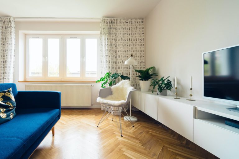 a living room with a wood floor