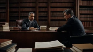 a lawyer and client sit across from each other at a large desk, surrounded by legal books and documents, engaged in a serious discussion.