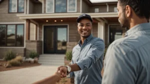 a smiling individual shaking hands with a realtor in front of a new house in colorado, symbolizing a successful partnership.