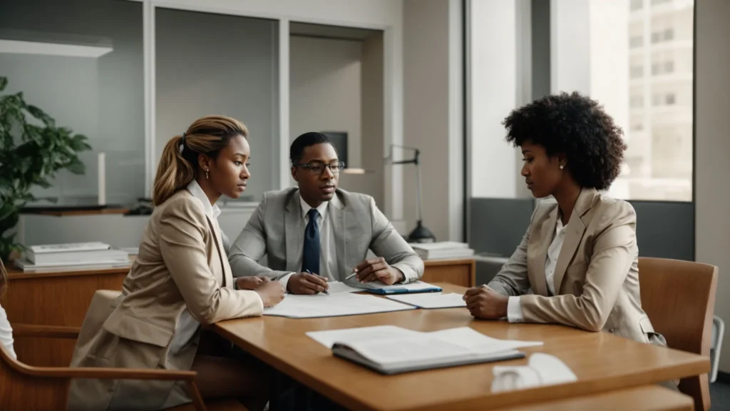 a concerned couple sits across from a confident attorney in a bright, welcoming office, discussing important documents.
