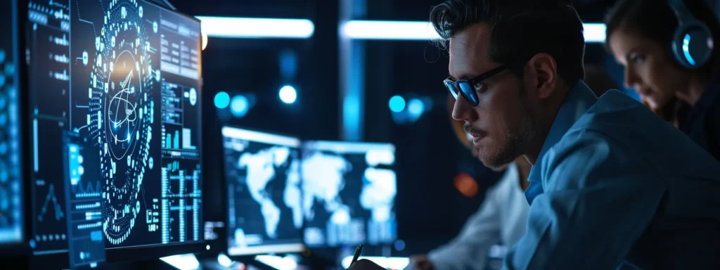 a professional business team analyzing data on a computer screen showing search connector for box features.