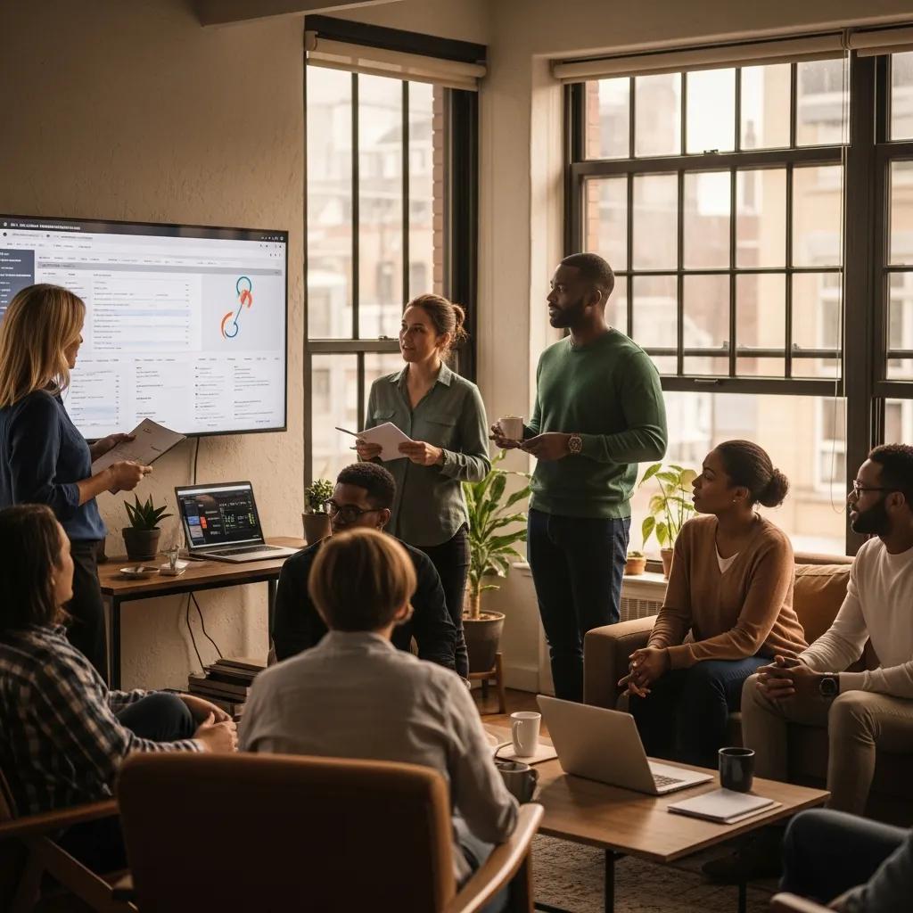 Professionals collaborating in a modern office discussing enterprise asset management strategies