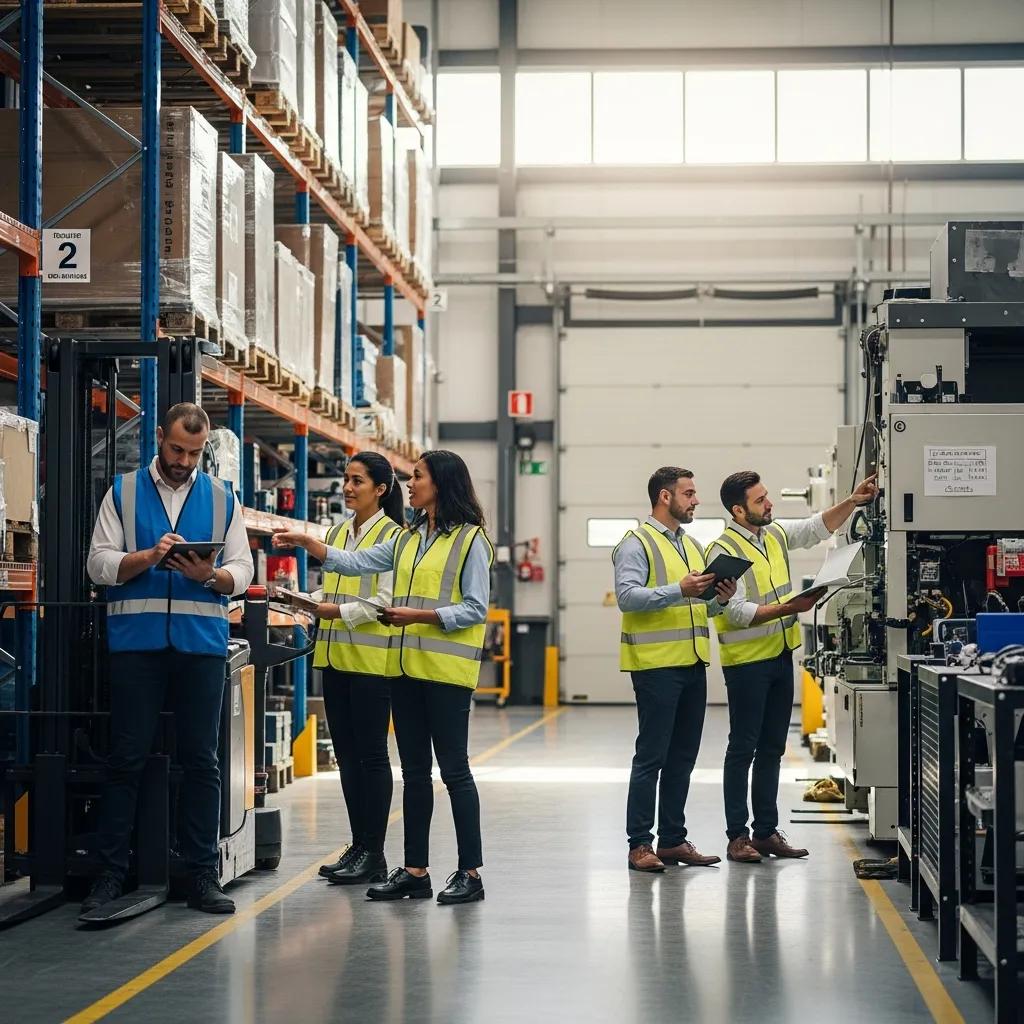 Team conducting an asset audit in a well-organized warehouse environment