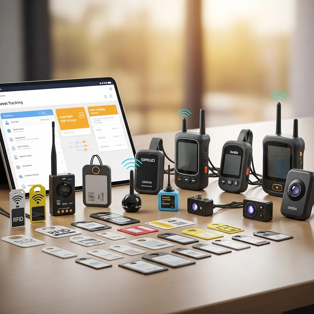 Various asset tracking technologies including RFID, GPS, and IoT devices on a modern desk