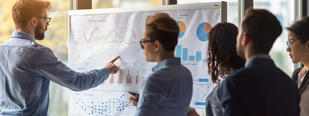 a group of professionals gathered around a whiteboard, pointing to various graphs showing the impact of affordable team building activities on employee performance.