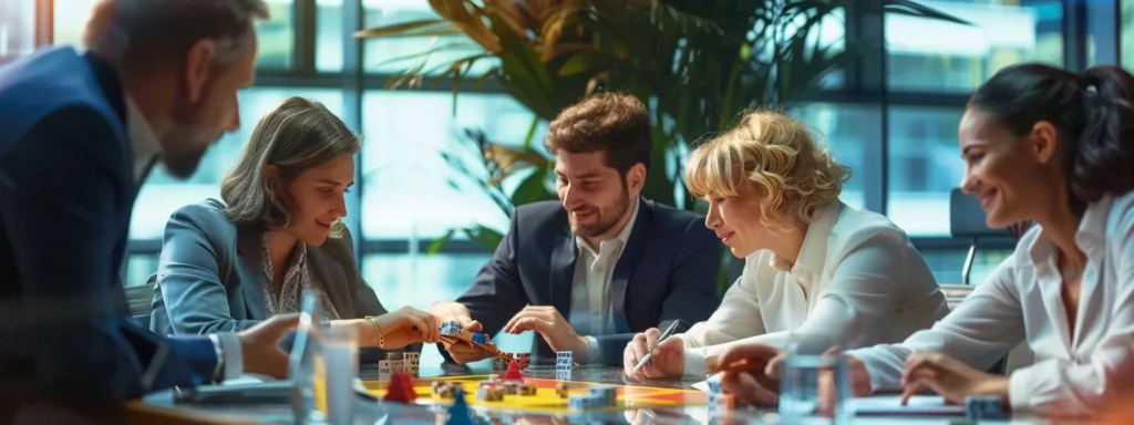 a group of business professionals engaging in a competitive board game tournament in the office.