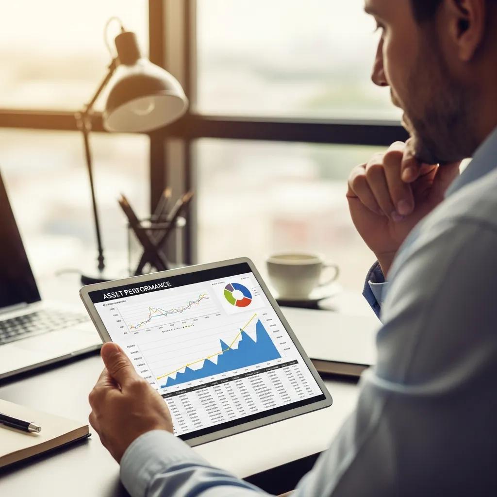 Business professional analyzing asset performance data on a tablet