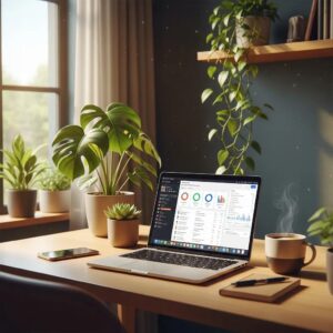 Cozy workspace with laptop and coffee, representing asset management software