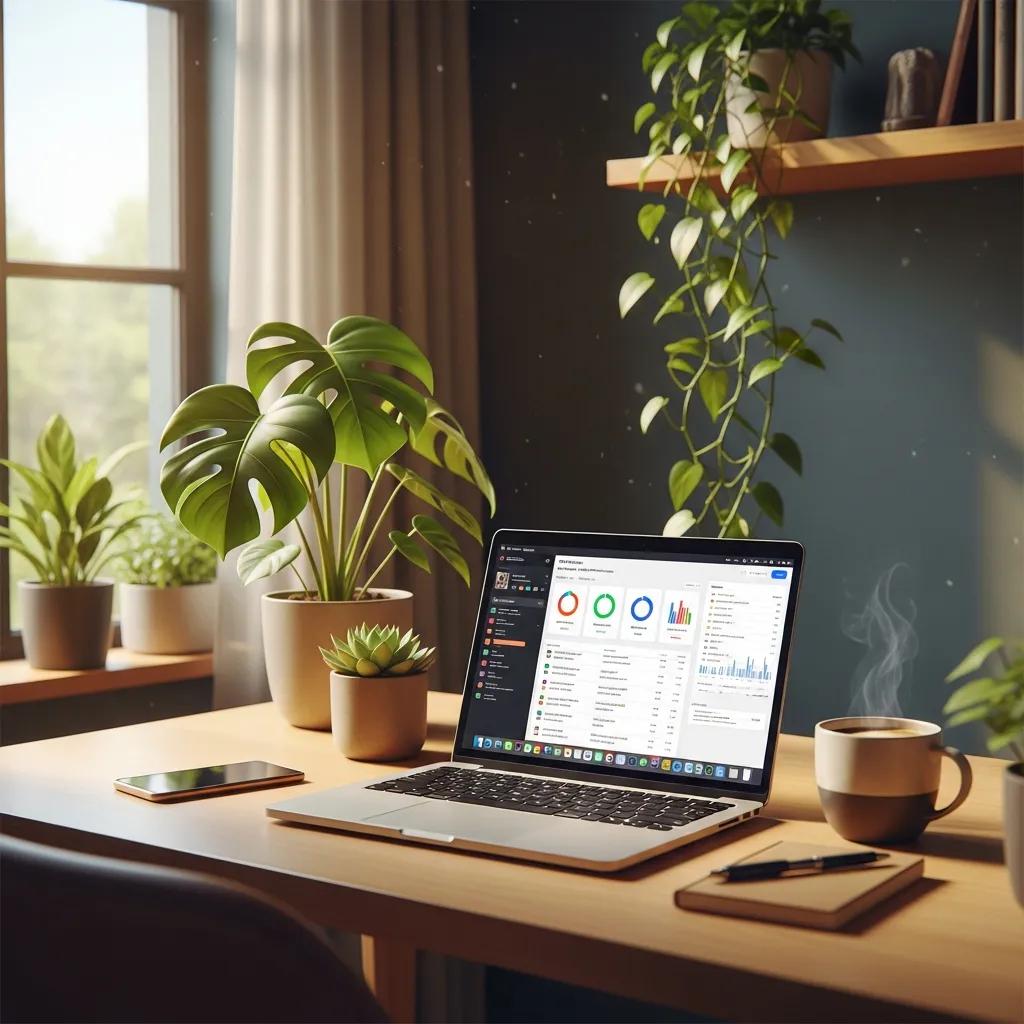 Cozy workspace with laptop and coffee, representing asset management software