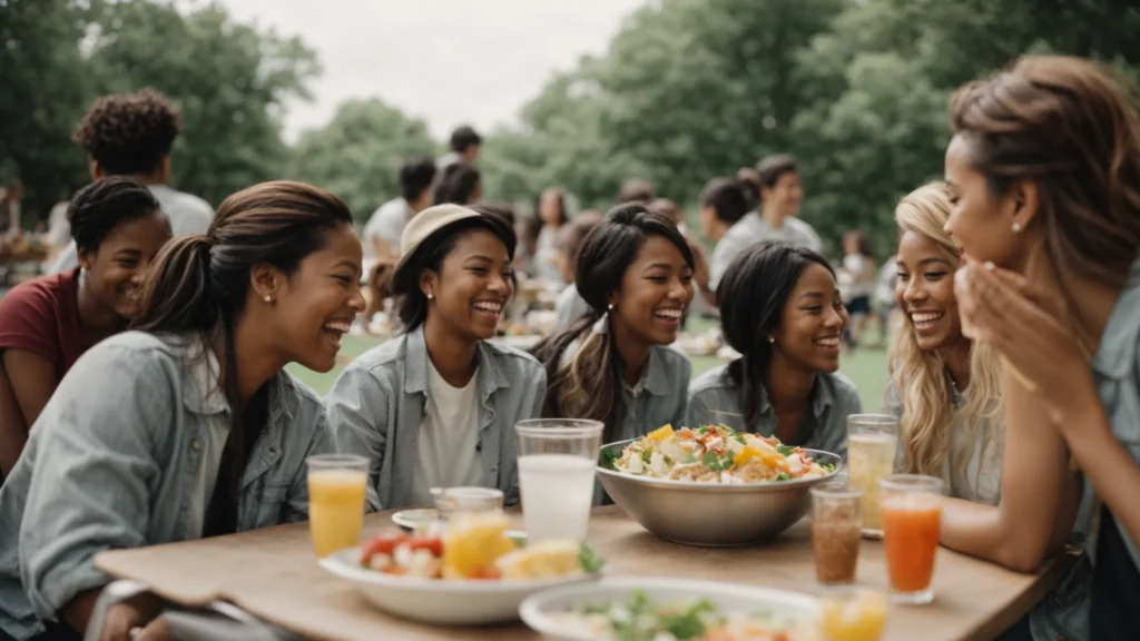 a group of coworkers laughing together during a potluck lunch in the park.