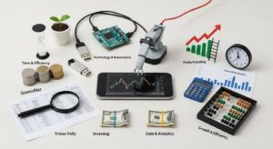 Featured illustration of automated investing robo-advisor dashboard with portfolio allocation and growth charts