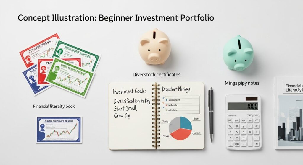 Illustration of a beginner investment portfolio showing diversified assets for personal finance