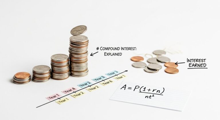 Illustration of compound interest growth with stacked coins and rising chart for personal finance and business