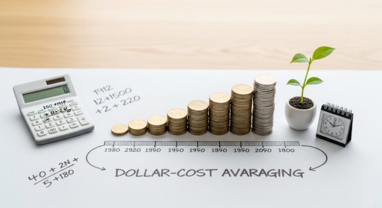 Illustration of dollar-cost averaging: investor buying stocks periodically to lower average cost (personal finance)