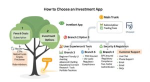 Illustration of person comparing investment apps on a smartphone for personal finance and entrepreneurship