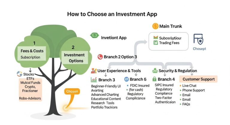 Illustration of person comparing investment apps on a smartphone for personal finance and entrepreneurship