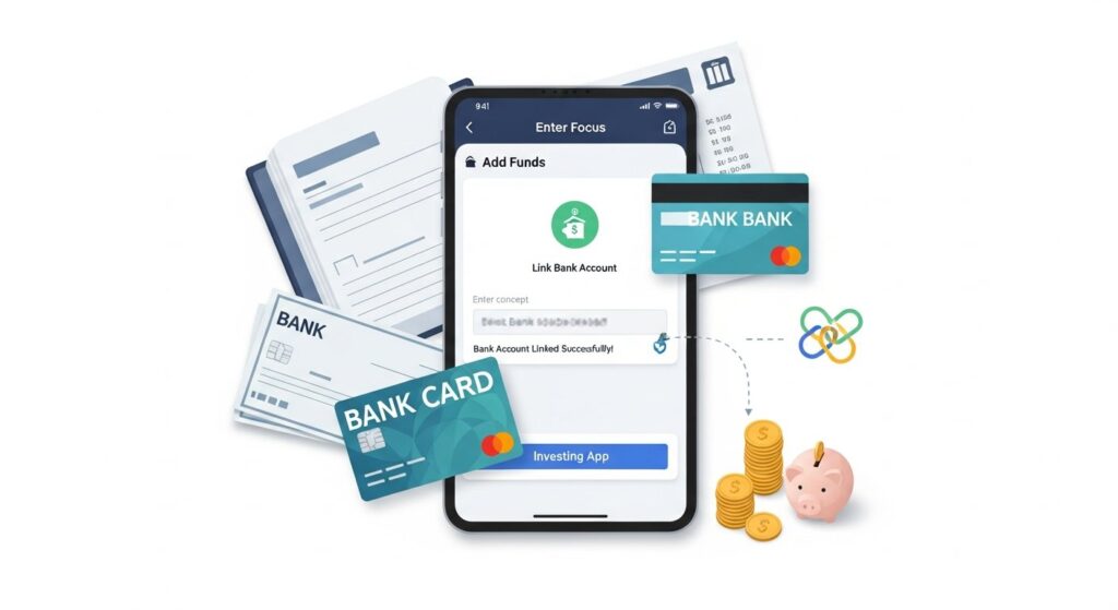 Illustration of linking a bank account to an investing app on a smartphone, personal finance and investing concept