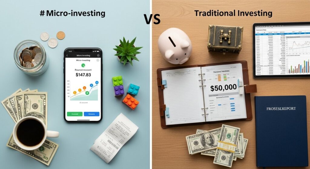 Illustration comparing micro-investing (round-up coins) and traditional investing (stock chart) for personal finance