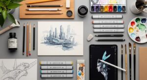 Illustration of personal finance and entrepreneurship concepts: charts, coins, and briefcase