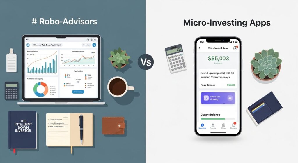 Illustration comparing robo-advisors and micro-investing apps for personal finance and entrepreneurship
