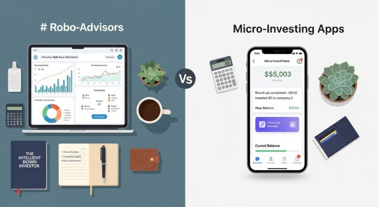Illustration comparing robo-advisors and micro-investing apps for personal finance and entrepreneurship
