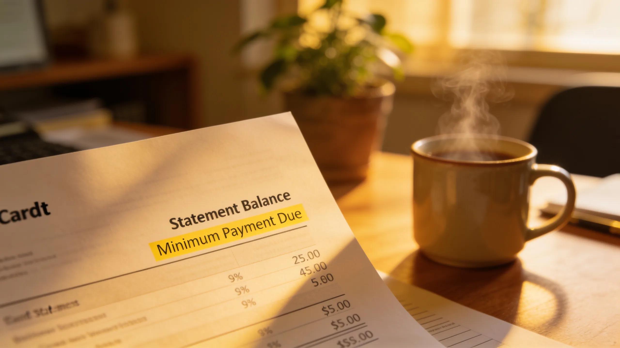 Close-up of a credit card statement focusing on statement balance and minimum payment, set in a cozy home office atmosphere