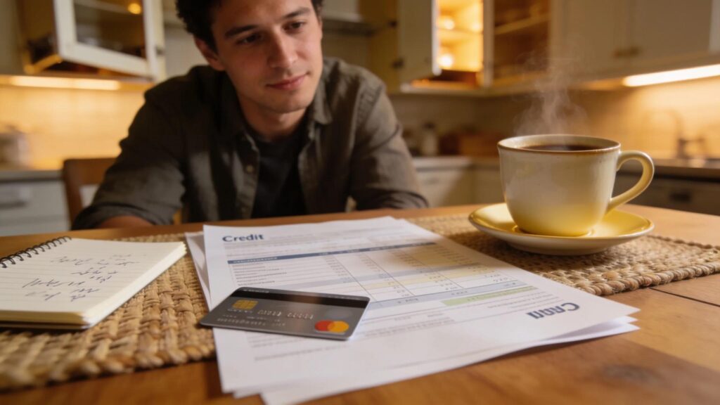 Cozy lifestyle setting featuring a person reviewing a credit card statement with a cup of coffee, highlighting financial management