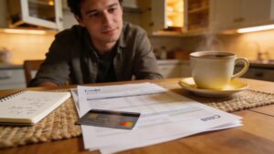 Cozy lifestyle setting featuring a person reviewing a credit card statement with a cup of coffee, highlighting financial management