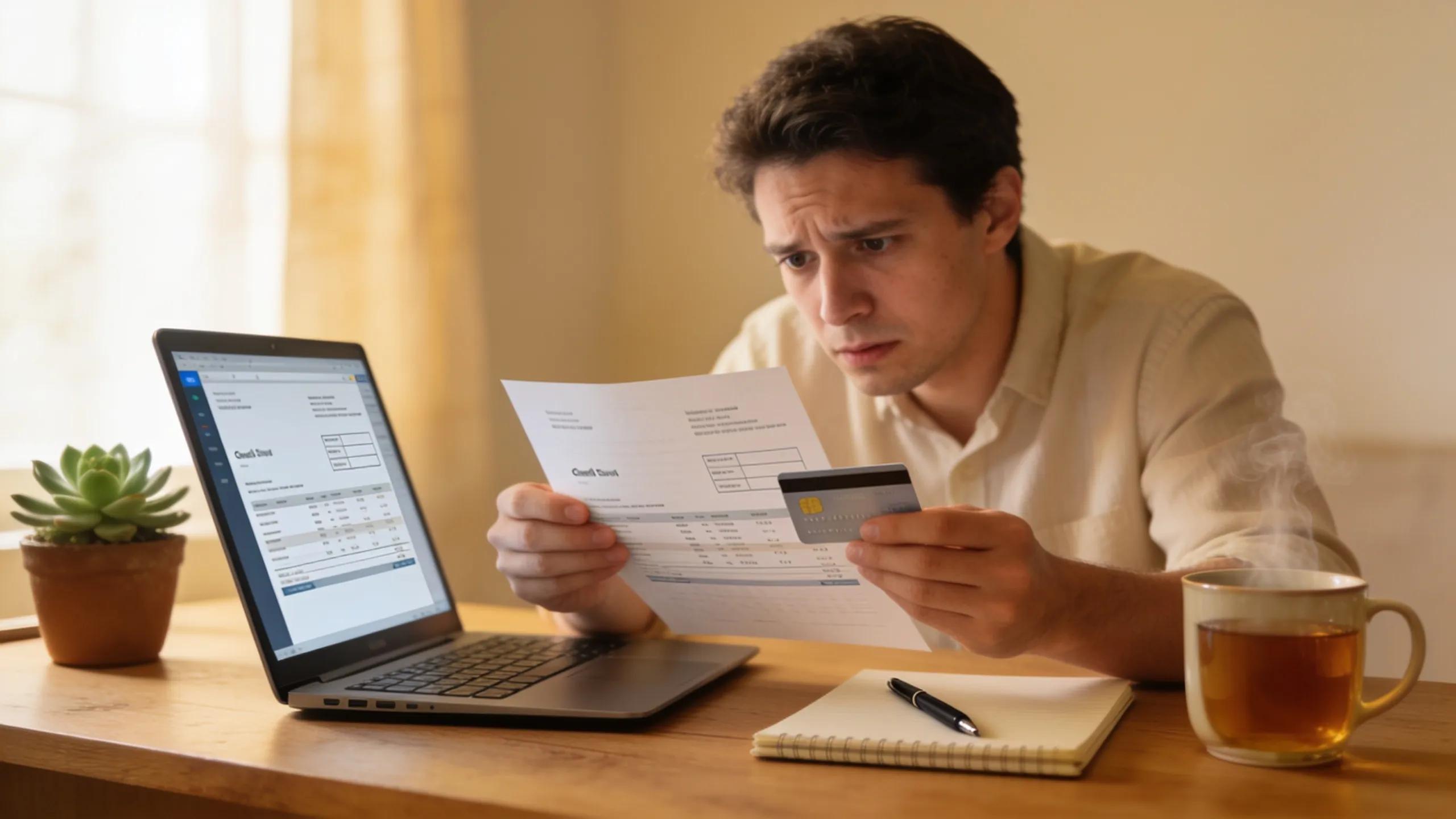 Person scrutinizing a credit card statement for errors and fraud in a cozy home setting
