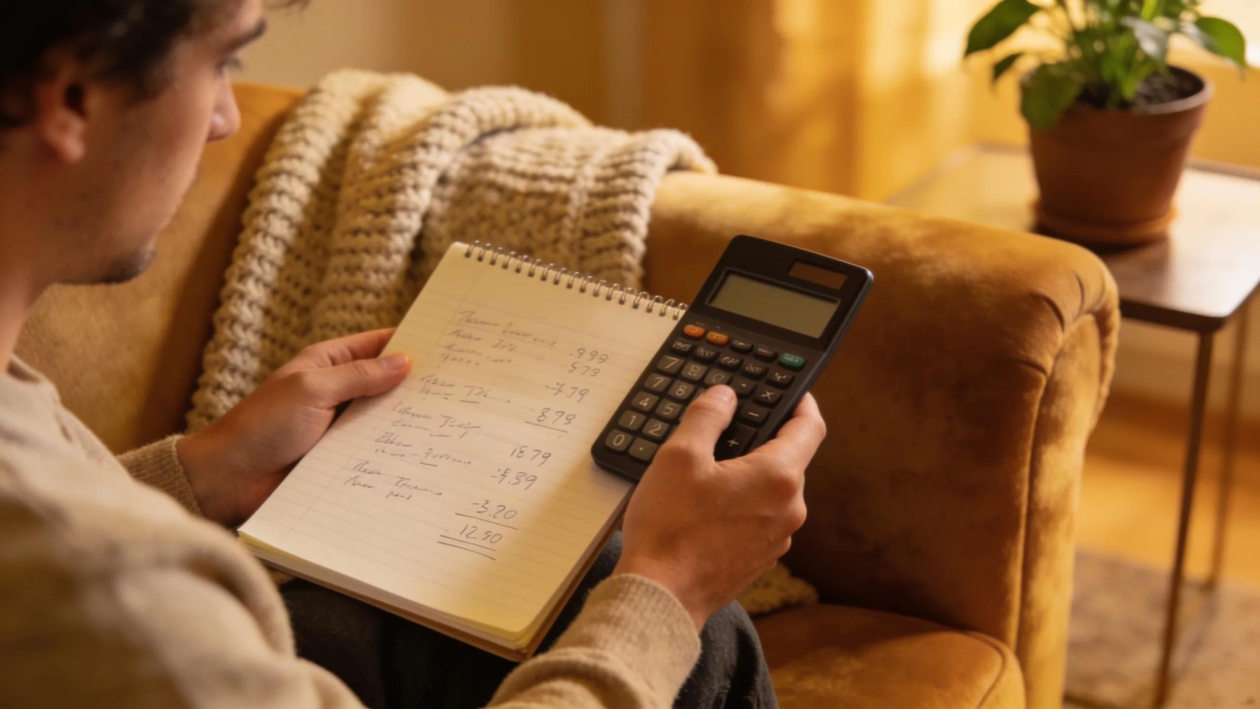 Individual calculating down payment savings at home with calculator and notebook