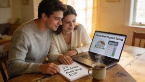 Couple planning finances for house down payment with laptop and notepad